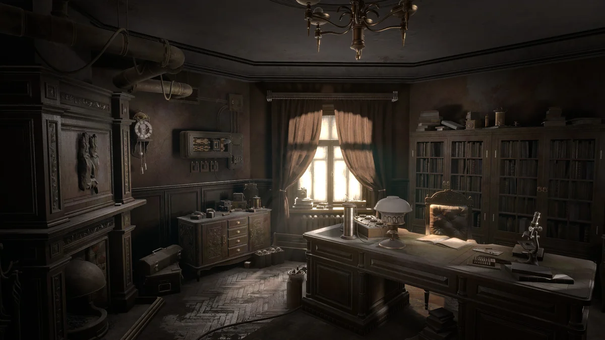 The professor’s study with documents, a desk and shelves in an official Sublustrum promotional scene