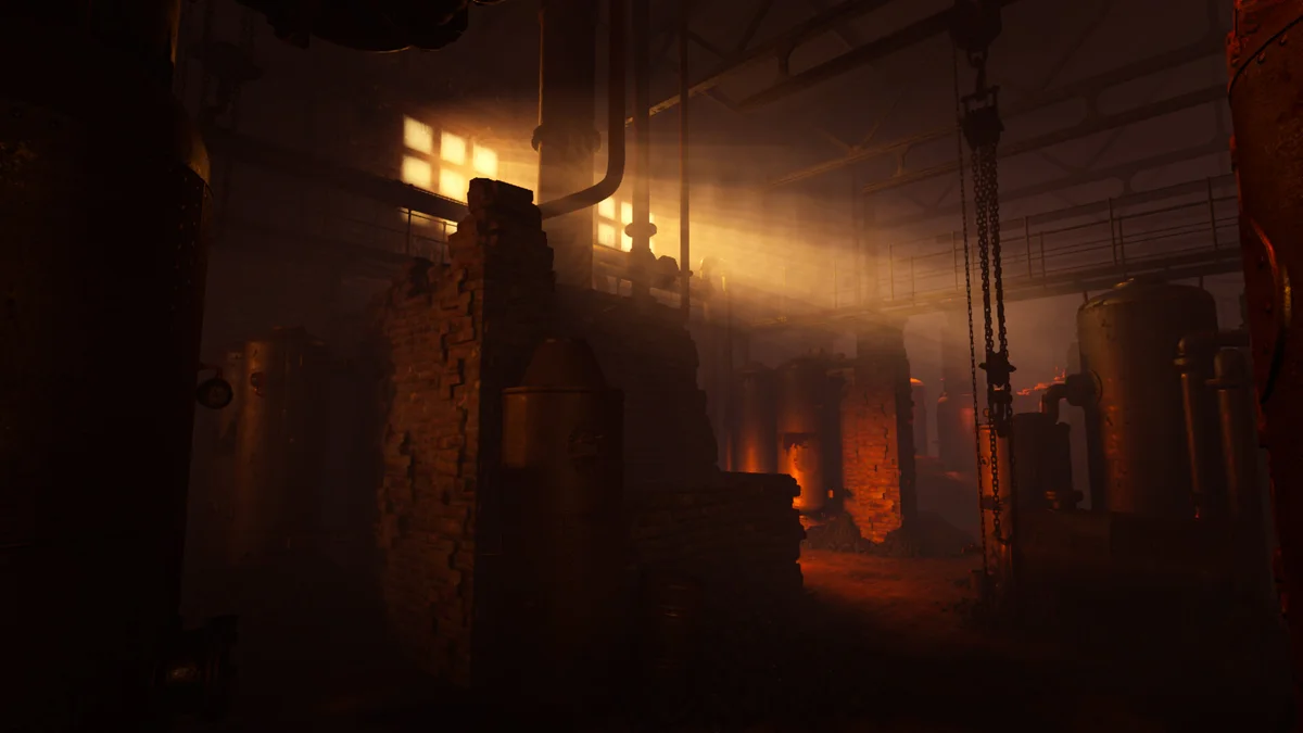 Warm sunlight cuts through an industrial interior filled with brick pillars and hanging machinery in Sublustrum.