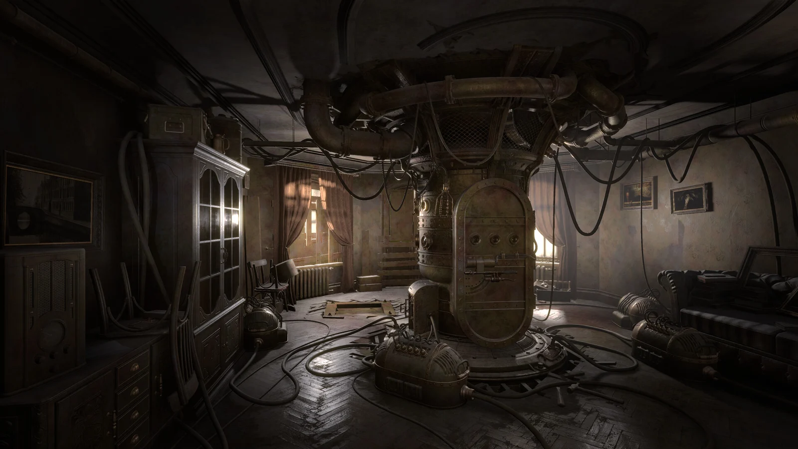 Official Sublustrum screenshot of an old apartment with a large brass capsule, ceiling pipework and tall cabinets.